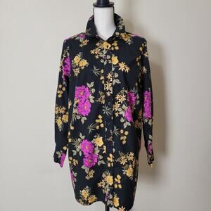 Jessica London 18W Long Sleeve Button Front Collar Slits Floral Blouse Tunic Top